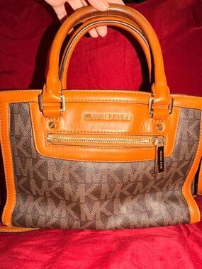 Michael Kors Brown MK Logo Satchel with Orange Trim